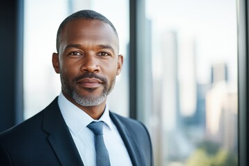 Confident African American businessman posing in front of urban skyline through window