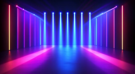 Wall Mural - The background of an empty stage show is lit up with neon lights and lasers. Abstract dark background with neon shapes.