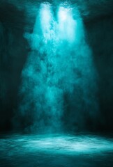 Wall Mural - An empty street scene in the night with abstract spotlights reflecting on water. Rays through the fog. Smoke, fog, wet asphalt with lights reflected.