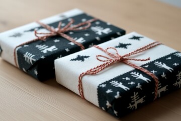 Two beautifully wrapped presents in black and white festive fabric with reindeer and tree patterns tied with red and white string on a wooden surface.