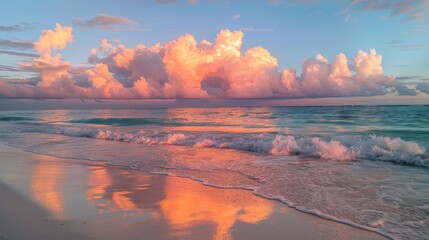 Poster - Sunset Beach with Dramatic Clouds Over the Ocean