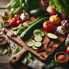 Cutting Board with Fresh Vegetables and Herbs.