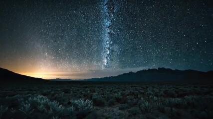 Wall Mural - Video footage of night sky adorned with countless stars, prominently featuring the Milky Way galaxy,soft glow hints at a midnight on the horizon