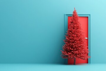 A red tree is standing in front of a blue door. Christmas is here concept with empty turquoise blue wall background.