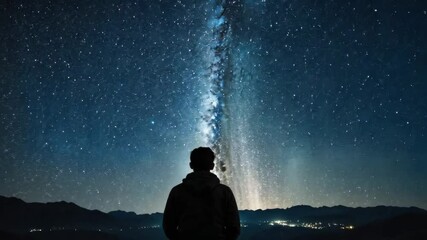 Wall Mural - Video footage of person sitting and looking up at a starry night sky, milky Way is prominently visible