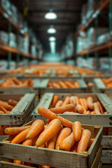 Wall Mural - Carrot harvested in wooden boxes in a warehouse. Natural organic fruit abundance. Healthy and natural food storing and shipping concept.