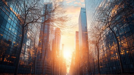 Wall Mural - A city street with tall buildings and trees in the background