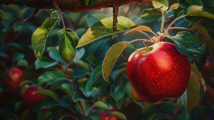 Poster - Red apple hanging from a tree branch.