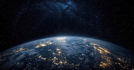 Wall Mural - view of earth from space with illuminated cities visible and a starry sky in the background