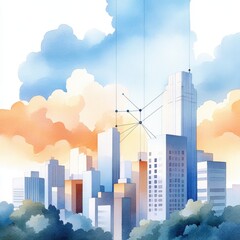 Future Tech Cityscape: Watercolor Illustration of Blockchain Networks Connecting Skyscrapers in a Digital Economy