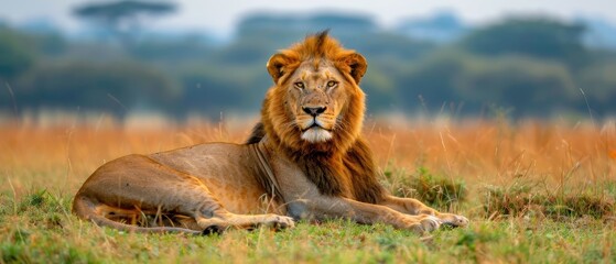 Wall Mural - Regal Lion Relaxing in the Serene Savanna Landscape