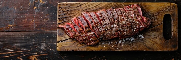 Poster - Top view of a flank steak seasoned with salt and pepper displayed on a wooden cutting board with a blank area for text on the right.