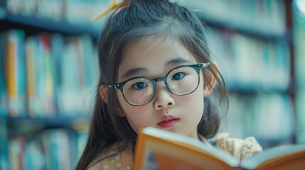 Young Girl Reading in Library