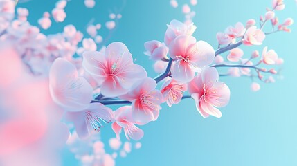 Wall Mural - A vibrant branch of pink cherry blossoms against a soft blue background.