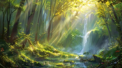 Poster - Enchanting Waterfall in a Lush Forest.