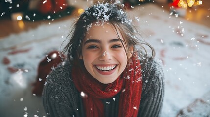 Young woman smiling with snowflakes falling on her in a cozy indoor setting