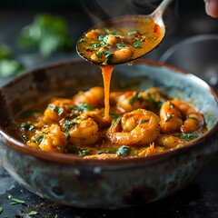 A bowl of shrimp in a flavorful sauce, garnished with herbs, ready to be served.