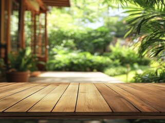 Wall Mural - Empty wooden board in front of blurred background. Perspective brown wood in coffee shop - can be used for promoting your products.