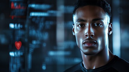 Man analyzing digital data in a high-tech environment at nighttime