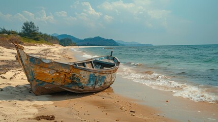 Sticker - Old Abandoned Fishing Boat on Secluded Beach