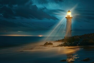 a painting of a lighthouse on a rocky shore