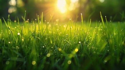 Poster - Sunlit Dew-Kissed Grass in the Morning