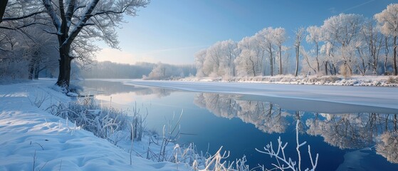 Tranquil Winter Scene: Snow-Covered Landscape and Frozen Lake