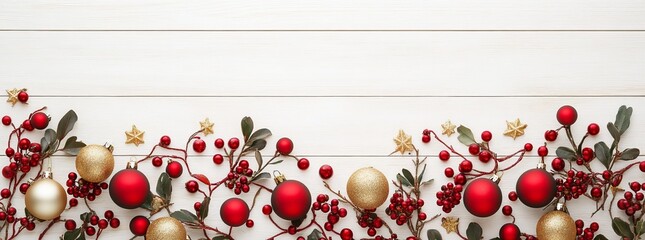 Wall Mural - This Christmas banner features fir branches, red baubles, and white branches on a white wooden background.