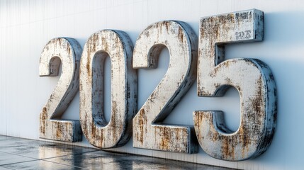 Wall Mural - 2025 New Year Rustic Metallic Numbers on White Background