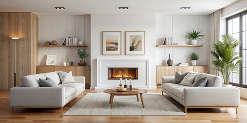 A cozy living room with two white sofas facing a modern electric fireplace, complemented by warm wooden accents and stylish shelving, creating an inviting atmosphere