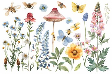 Hand drawing watercolor natural botanical wildflowers with mushroom, bees and butterfly vector illustration on white background