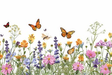 Wall Mural - Beautiful Abstract spring floral with bees and butterflies vector illustration on white background