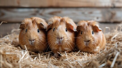 Three adorable guinea pigs in a hay nest looking at the camera.