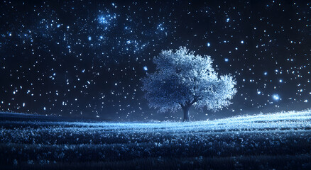 Sticker - Starry Sky Illuminating Snow-Covered Grassland and Mountains, Creating a Serene and Majestic Winter Landscape
