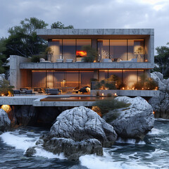 Wall Mural - a modern, minimalist beach house surrounded by sand dunes and tall, windswept grasses. The house features large glass windows that allow for an unobstructed view of the beach and ocean