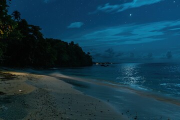 Wall Mural - a beach at night with a boat in the water