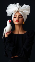 A captivating portrait of a woman in a stylish headwrap, holding a white bird against a dark backdrop.