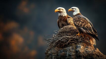 Two Bald Eagles Perched on a Rock Nest.