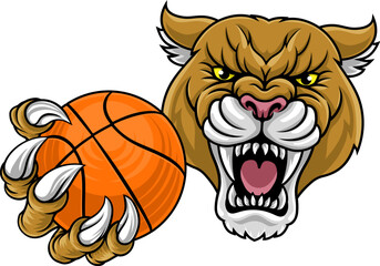 Sticker - Cougar panther mountain lion puma wildcat cat basketball mascot sports team mascot holding a ball