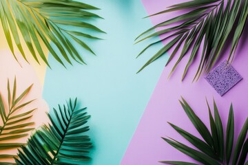 Colorful tropical palm leaves painted in exotic colors on the background. Flat lay concept for summer fashion.