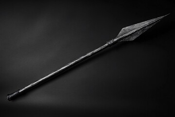 Forged medieval spear with a long wooden handle is lying diagonally on a black background