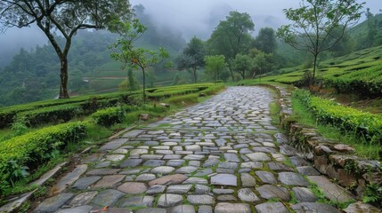 Nature Path in Misty Green Hills