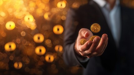 Wall Mural - Businessman Holding Golden Gears.