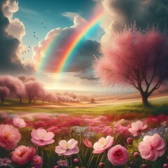 Wall Mural - field with pink flowers, cherry blossom tree and colorful rainbow in cloudy sky over field.