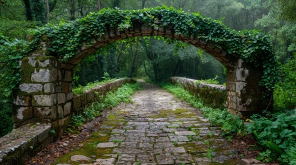 Ancient Stone Bridge in Lush Forest