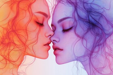 Two intertwined female faces, line art drawing, color gradients, white background.