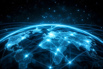 abstract global network concept with a blue glowing world map, data transfer and cyber technology ba