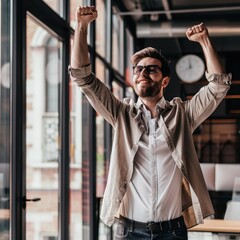 Wall Mural - A young entrepreneur in casual business attire raising a fist in victory, standing in front of a startup office. 