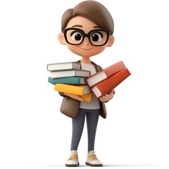 A 3D clipart of a librarian holding books, standing on the right side of the image, with a white background. 