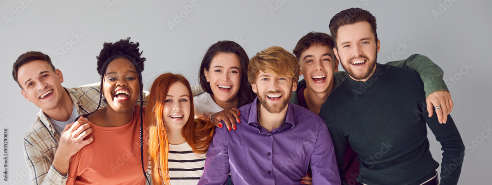 Seven happy young diverse multiracial friends having fun in photo ...